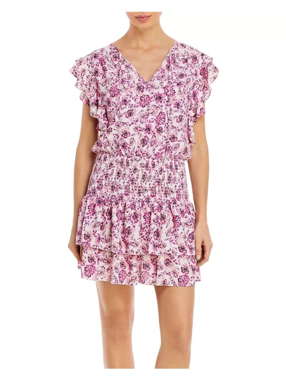 Aqua Pink Floral Ruffle Tiered Mini Dress